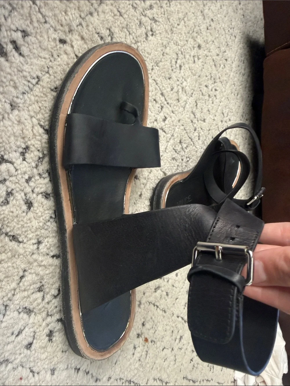 Vince Black Leather Crisscross Toe-Loop Sandals